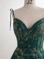 Dark Green A-Line Spaghetti Strap Satin Long Evening Prom Dress Sweetheart Neckline Retro Bridal Dress