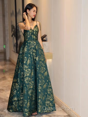 Dark Green A-Line Spaghetti Strap Satin Long Evening Prom Dress Sweetheart Neckline Retro Bridal Dress