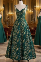 Dark Green A-Line Spaghetti Strap Satin Long Evening Prom Dress Sweetheart Neckline Retro Bridal Dress