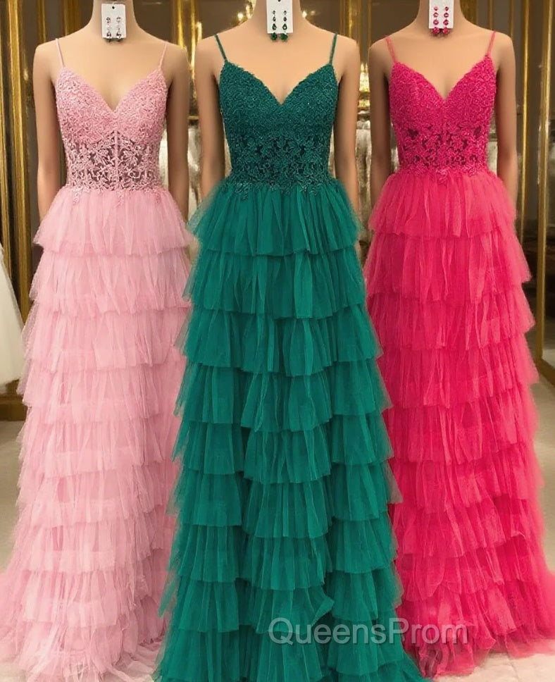 Dark Green A-Line Tiered Tulle Long Evening Prom Dress with Lace
