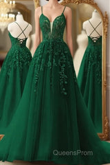 Dark Green A-Line Tulle Lace Long Evening Prom Dress V Neck Lace Formal Evening Dress