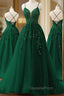 Dark Green A-line V-neckline Tulle and Lace Party Dress, Green Long Evening Prom Dress