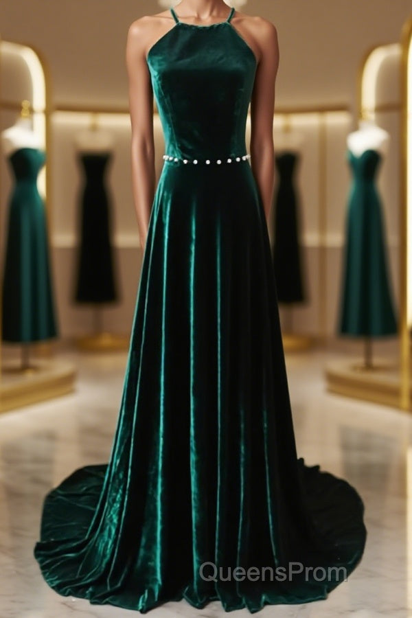 Dark Green Backless Long Evening Prom Dress, Dark Green Long Formal Evening Bridesmaid Dress Main image