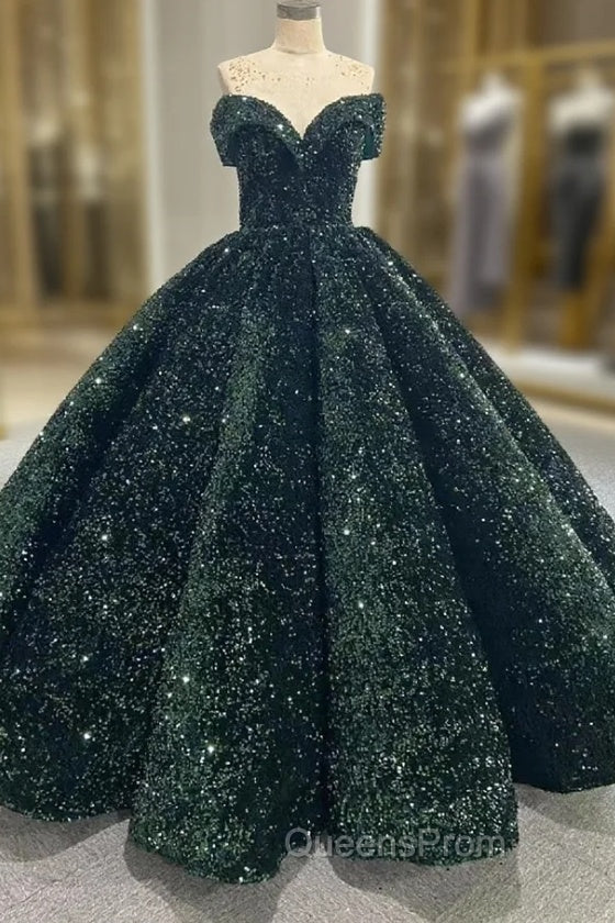 Dark Green Ball Gown Sequins Off the Shoulder Evening Prom Dress Main image