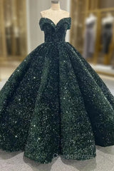 Dark Green Ball Gown Sequins Off the Shoulder Evening Prom Dress