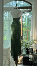 Dark Green Beaded Elegant Long Chiffon Ball Gown Classy Evening Dress Party Dress