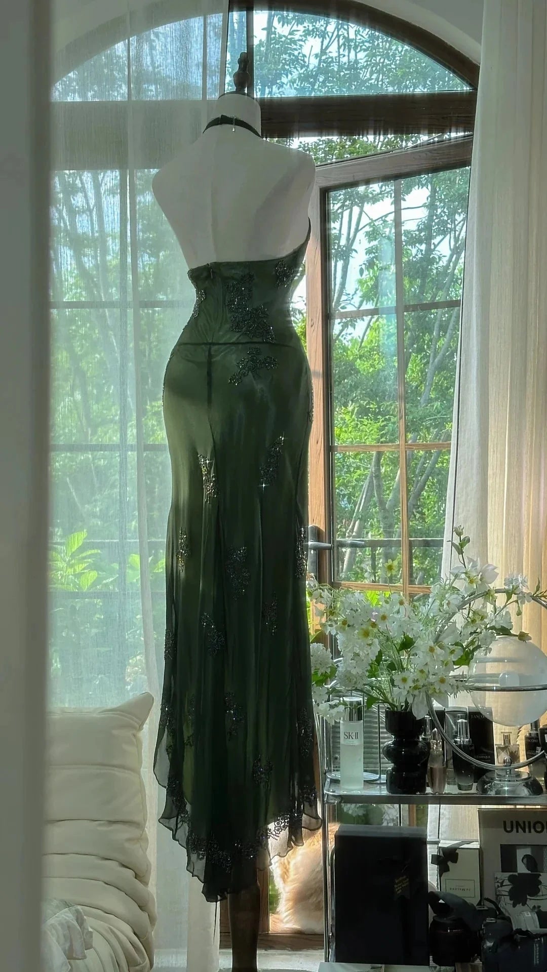 Dark Green Beaded Elegant Long Chiffon Ball Gown Classy Evening Dress Party Dress
