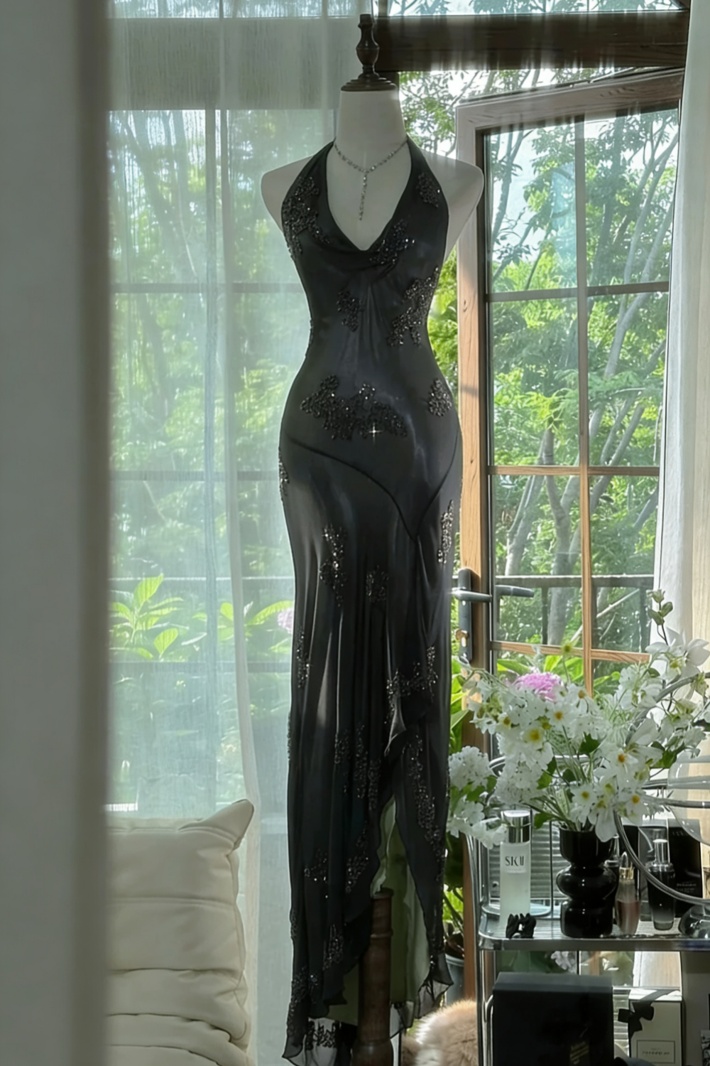 Dark Green Beaded Elegant Long Chiffon Ball Gown Classy Evening Dress Party Dress