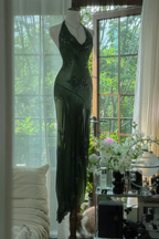 Dark Green Beaded Elegant Long Chiffon Ball Gown Classy Evening Dress Party Dress
