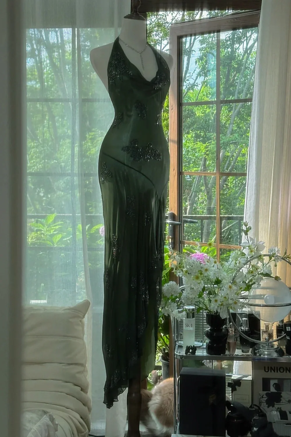 Dark Green Beaded Elegant Long Chiffon Ball Gown Classy Evening Dress Party Dress