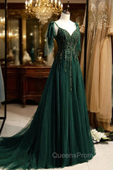 Dark Green Beaded Tulle Straps A-line Evening Dress, Green Evening Dress Evening Prom Dress