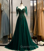 Dark Green Beaded Tulle Straps A-line Evening Dress, Green Evening Dress Evening Prom Dress