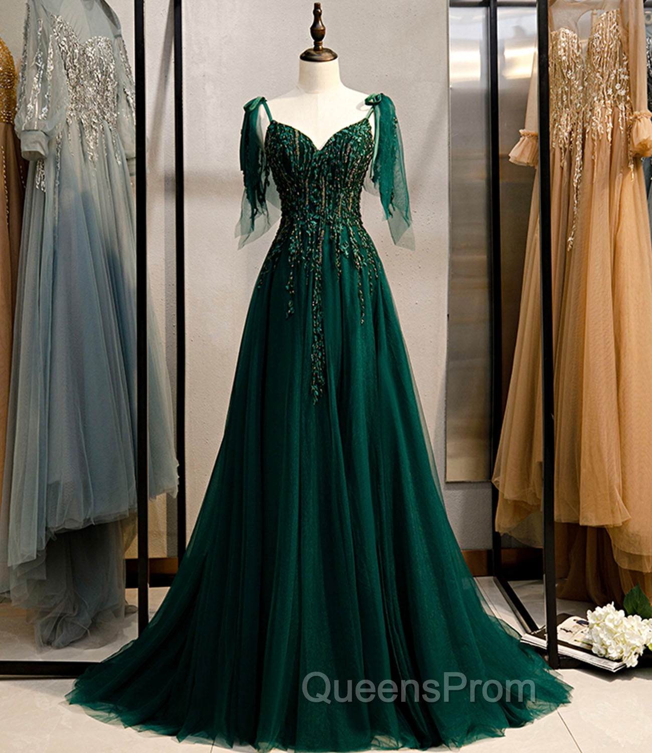 Dark Green Beaded Tulle Straps A-line Evening Dress, Green Evening Dress Evening Prom Dress
