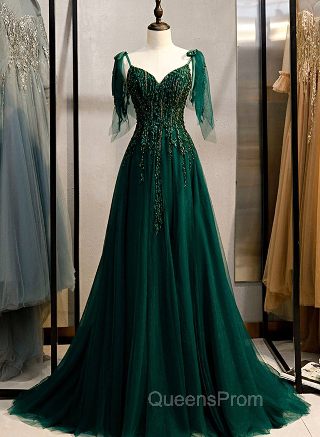 Dark Green Beaded Tulle Straps A-line Evening Dress, Green Evening Dress Evening Prom Dress Main image