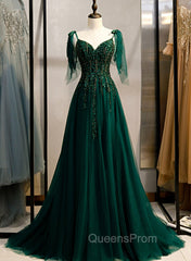 Dark Green Beaded Tulle Straps A-line Evening Dress, Green Evening Dress Evening Prom Dress