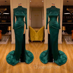 Dark Green Beadings Pearl Long Sleeves Evening Gowns Mermaid Evening Prom Dress With Slit