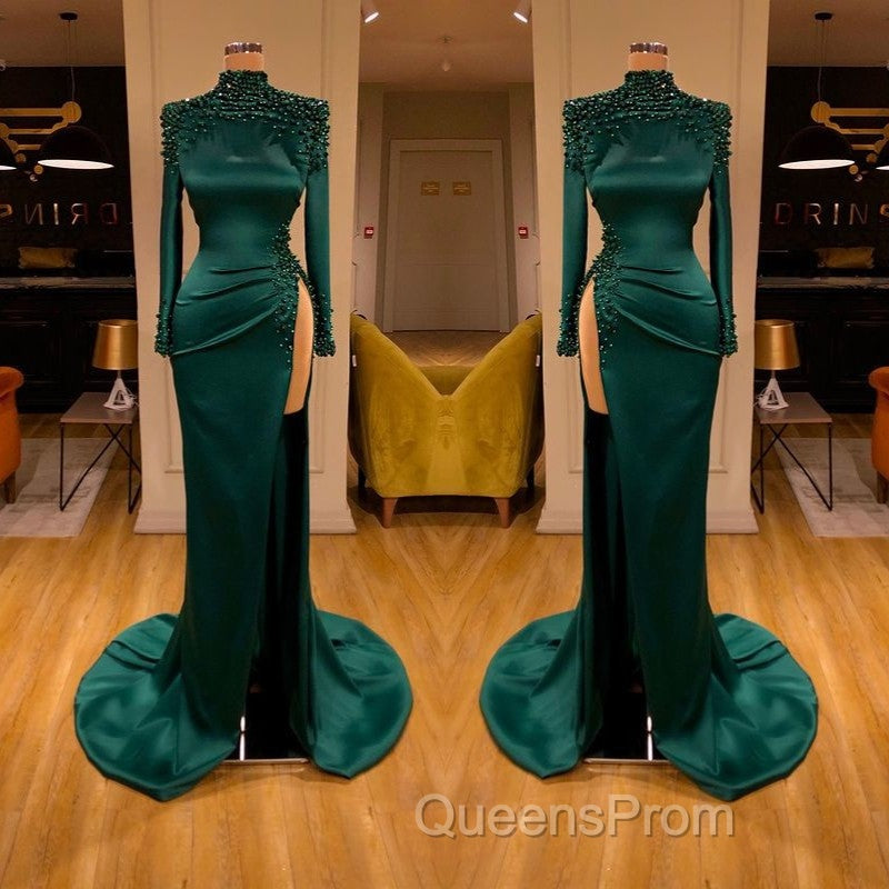 Dark Green Beadings Pearl Long Sleeves Evening Gowns Mermaid Evening Prom Dress With Slit