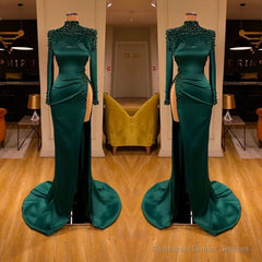 Dark Green Beadings Pearl Long Sleeves Evening Gowns Mermaid Prom Dress With Slit