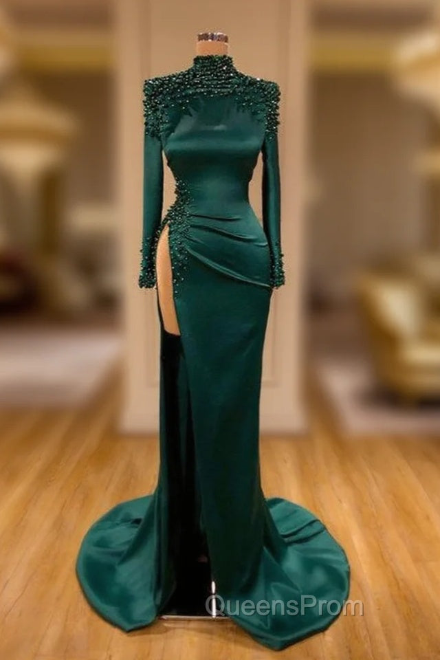 Dark Green Beadings Pearl Long Sleeves Evening Gowns Mermaid Evening Prom Dress With Slit Main image