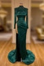 Dark Green Beadings Pearl Long Sleeves Evening Gowns Mermaid Evening Prom Dress With Slit