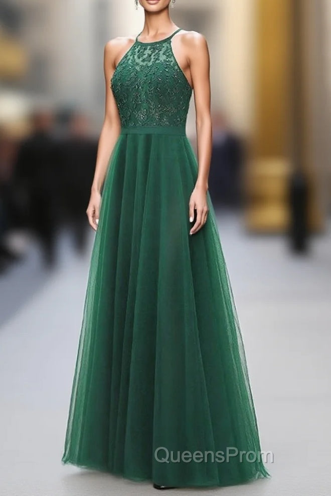 Dark Green Cross Back Tulle Halter Long Party Dress, A-line Junior Evening Prom Dress Main image
