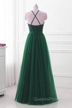 Dark Green Cross Back Tulle Halter Long Party Dress, A-line Junior Evening Prom Dress