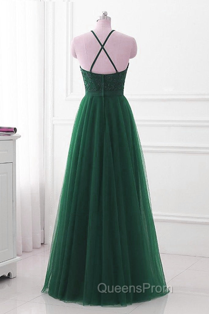 Dark Green Cross Back Tulle Halter Long Party Dress, A-line Junior Evening Prom Dress