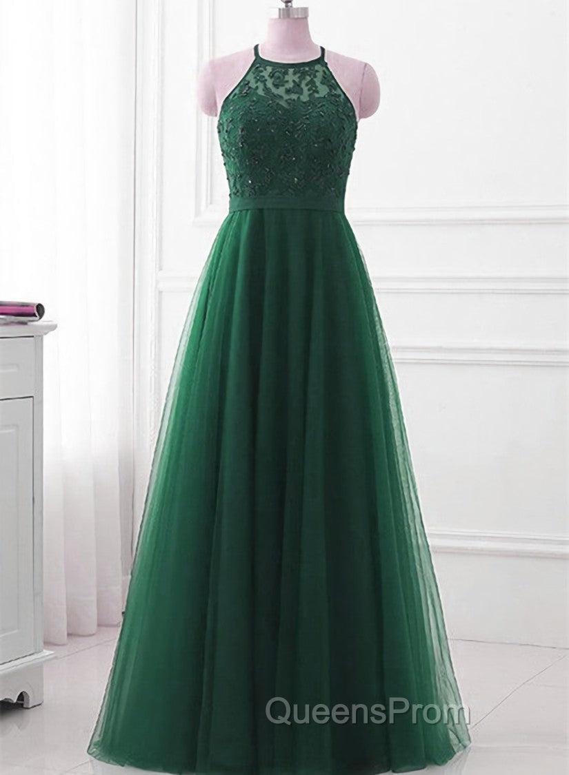 Dark Green Cross Back Tulle Halter Long Party Dress, A-line Junior Evening Prom Dress Secondary image