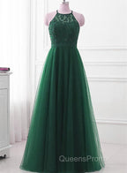 Dark Green Cross Back Tulle Halter Long Party Dress, A-line Junior Evening Prom Dress