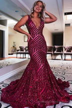 Dark Green Deep V Neck Sequin Mermaid Prom Dress