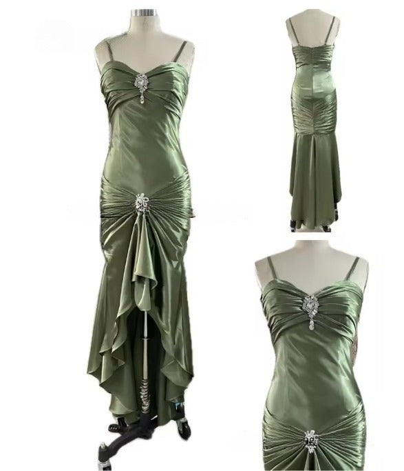 Elegant Spaghetti Strap Mermaid Satin Dark Green Long Classy Prom Dress Gorgeous Classy Evening Dress