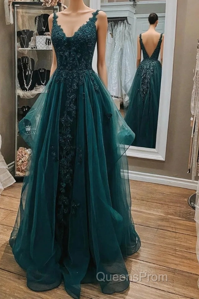 Dark Green Lace Beaded Long Evening Prom Dress, V Neck Backless Evening Dress Main image