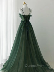 Dark Green Long Beaded A-line Evening Dress Party Dress, Green Evening Prom Dress