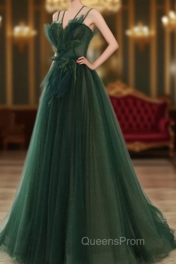 Dark Green Long Beaded A-line Evening Dress Party Dress, Green Evening Prom Dress Main image