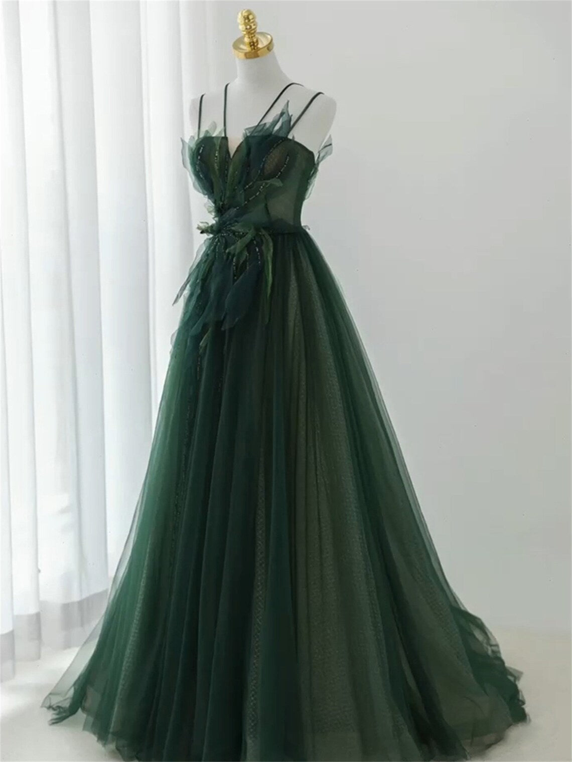 Dark Green Long Beaded A-Line Classy Evening Dress Party Dress, Green Classy Prom Dress
