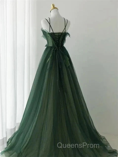 Dark Green Long Beaded A-Line Evening Dress Party Dress Evening Prom Dress Formal Dress December Wedding Guest Dress