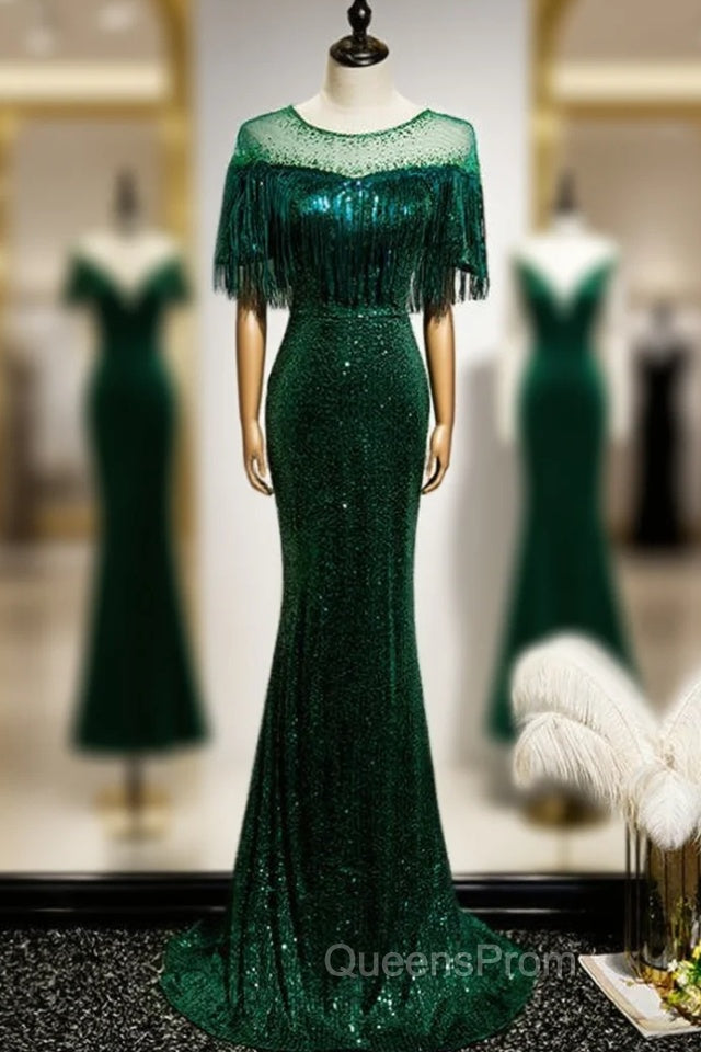 Dark Green Mermadi Sequins Tassel Short Sleeve Evening Prom Dress Main image