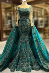 Dark Green Mermaid Long Sleeve Appliques Beading Evening Prom Dress