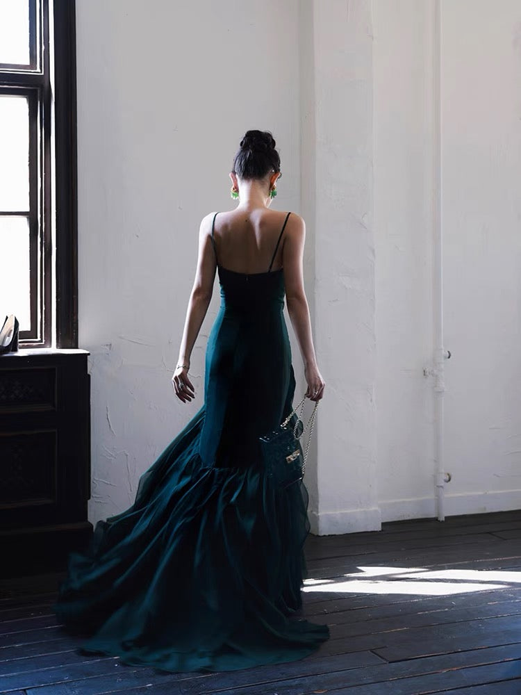 Dark Green Mermaid Ruffle Chiffon Long Classy Prom Dress
