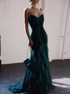 Dark Green Mermaid Ruffle Chiffon Long Classy Prom Dress