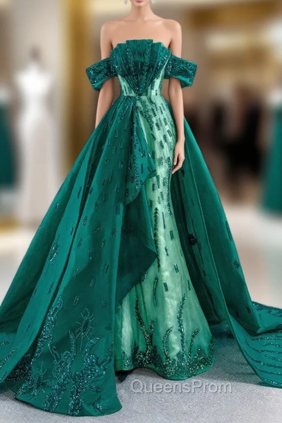 Dark Green Mermaid Satin Sequins Off the Shoulder Evening Prom Dress Main image