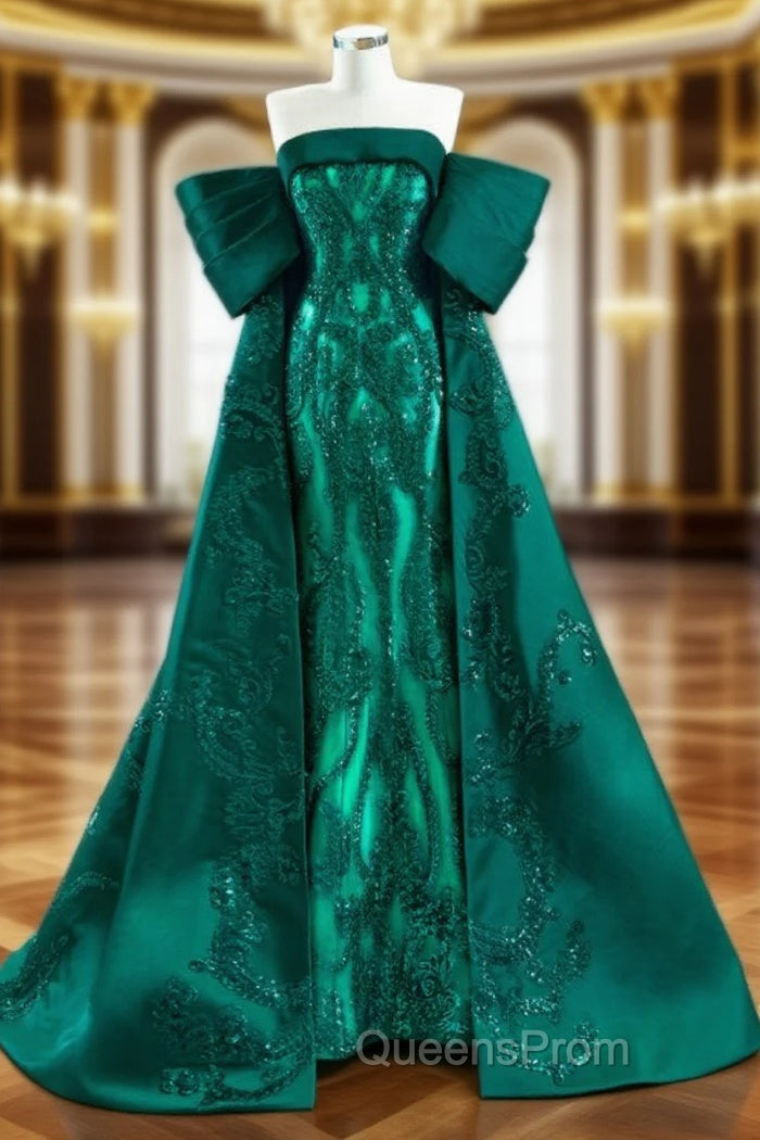 Dark Green Mermaid Satin Sequins Pleats Evening Prom Dress Main image