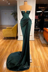 Dark Green Mermaid Spaghetti-Straps Satin Long Evening Prom Dress With Beadings