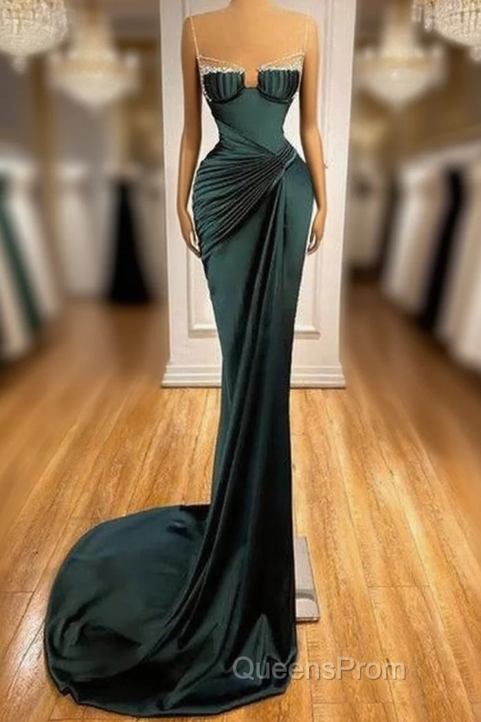 Dark Green Mermaid Spaghetti-Straps Satin Long Evening Prom Dress With Beadings Main image