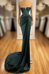 Dark Green Mermaid Spaghetti-Straps Satin Long Evening Prom Dress With Beadings