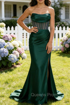 Dark Green Mermaid Strapless Pleated Corset Long Prom Dress with Slit