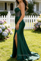 Dark Green Mermaid Strapless Pleated Corset Long Prom Dress with Slit