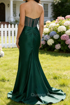 Dark Green Mermaid Strapless Pleated Corset Long Prom Dress with Slit
