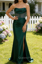 Dark Green Mermaid Strapless Pleated Corset Long Prom Dress with Slit