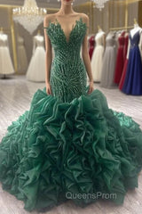 Dark Green Mermaid Strapless Ruffles Beading Evening Prom Dress